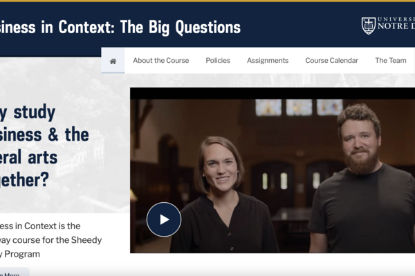 A screenshot of the website for the Sheedy Family Program's gateway course, "Business in Context"