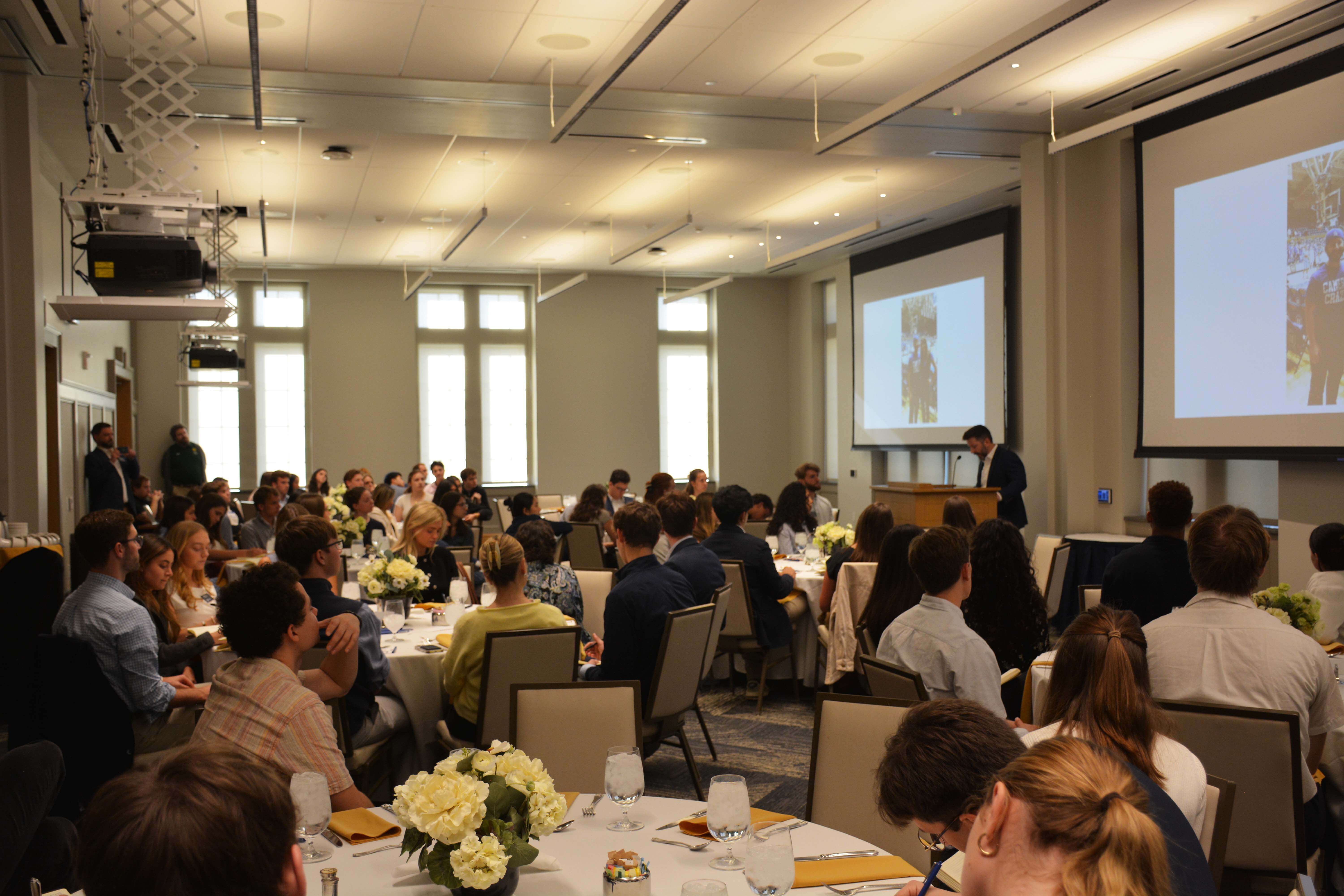 Paul Jacobs speaks during a Sheedy Family Program Dinner & Dialogue event