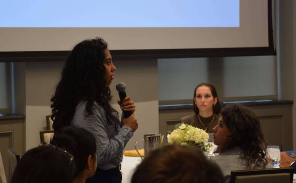 Marcela Rodriguez ('26) fields questions during the March 2026 Dinner & Dialogue event